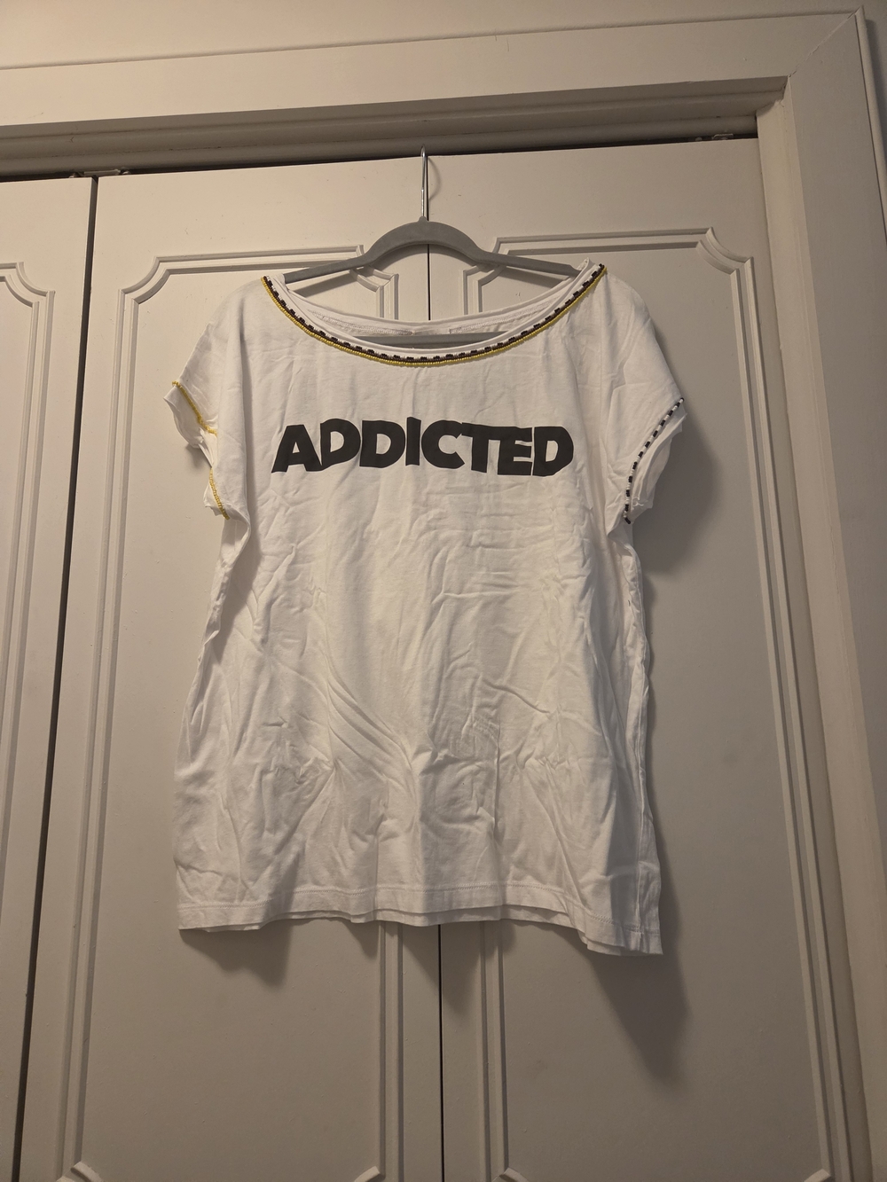 White 'ADDICTED' Short Sleeve Tee with Yellow Trim